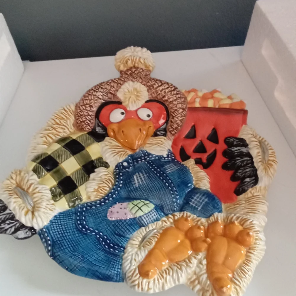 Fitz and Floyd Scary Crow Canape‎ Plate Halloween Autumn Ceramic Serving Dish